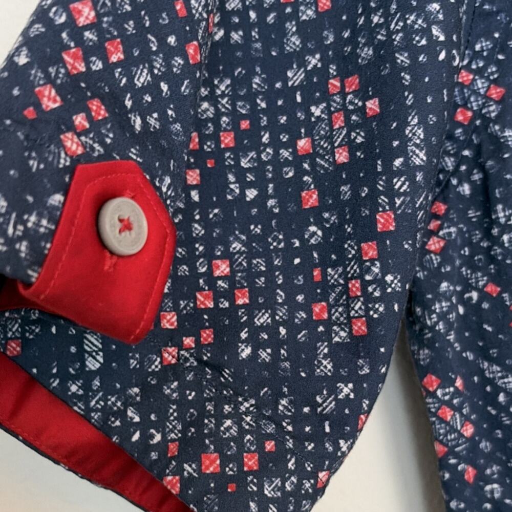 MACEOO Men 5XL Blue Red White Geometric Cotton Button-Up Short Sleeve Shirt - Picture 4 of 7